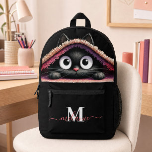 Mochila Impresa Hermoso gatito negro adorable con nombre de monogr