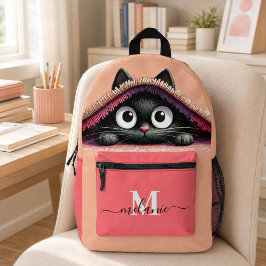 Mochila Impresa Hermoso Gatito Negro Adorable Melocotón Rosa Nombr