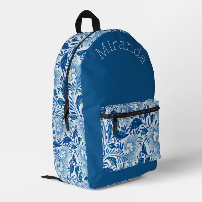 Mochila Impresa Hermoso Monogramo Real Floral Azul y Blanco (Esquina izquierda trasera)