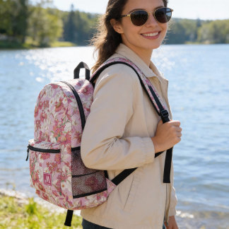 Mochila Impresa Hermoso Motivo Floral Colorido Monograma Rosa Púrp