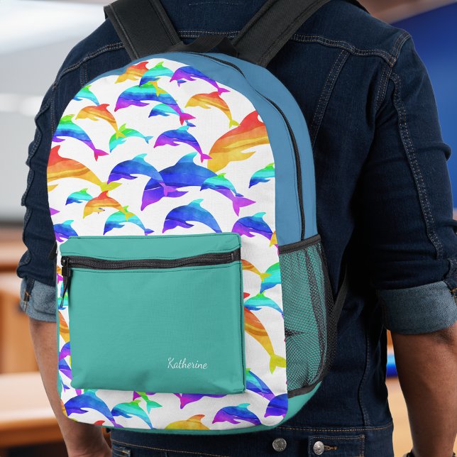 Mochila Impresa Hermosos delfines en el arco iris con escuela de n (Subido por el creador)