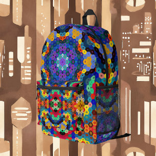 Mochila Impresa Hex Mandala Azul Amarillo Rojo y Verde