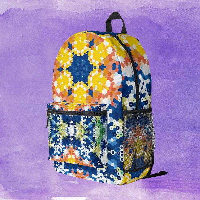 Mochila Impresa Hex Mandala Naranja amarillo azul y verde (Blue Yellow Orange and Green Hexagon Mandala Backpack by Wormhole Orbital)
