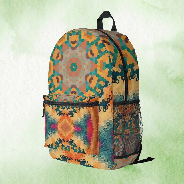 Mochila Impresa Hex Mandala Naranja y azul (Orange and Blue Hexagon Mandala Backpack by Wormhole Orbital)