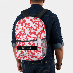 Mochila Impresa Hibiscus Rojo, Flores Rojas, tu nombre