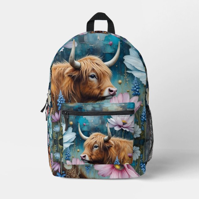Mochila Impresa Highland Cow Floral Colorful Cosmos Tapestry (Anverso)