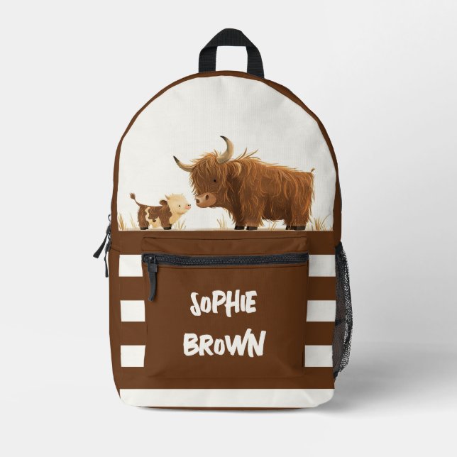Mochila Impresa Highland Cow Mama y Calf Rustic Brown Custom Name (Anverso)