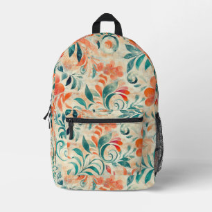 Mochila Impresa Hojas azules rusas y patrón floral Naranja rojo