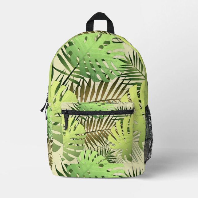 Mochila Impresa Hojas tropicales de palma verde y dorada (Anverso)