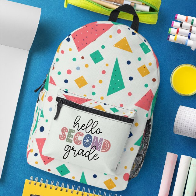 Mochila Impresa Hola escuela Grado colorido geométrico (Hello Kinder Garten colorful geometric Printed Backpack)