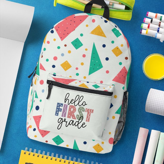 Mochila Impresa Hola escuela Grado colorido geométrico (Hello school Grade colorful geometric Printed Backpack)