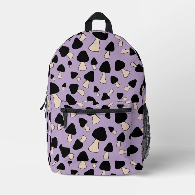 Mochila Impresa Hongos negros en morado suave (Anverso)