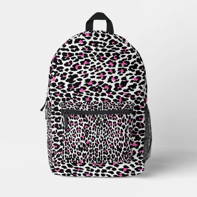 Mochila Impresa huella de leopardo blanco rosa (Anverso)