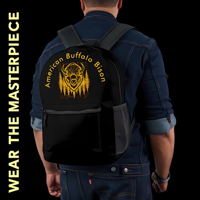 Mochila Impresa Ilustracion Bison Buffalo Head en medio de árboles (Subido por el creador)