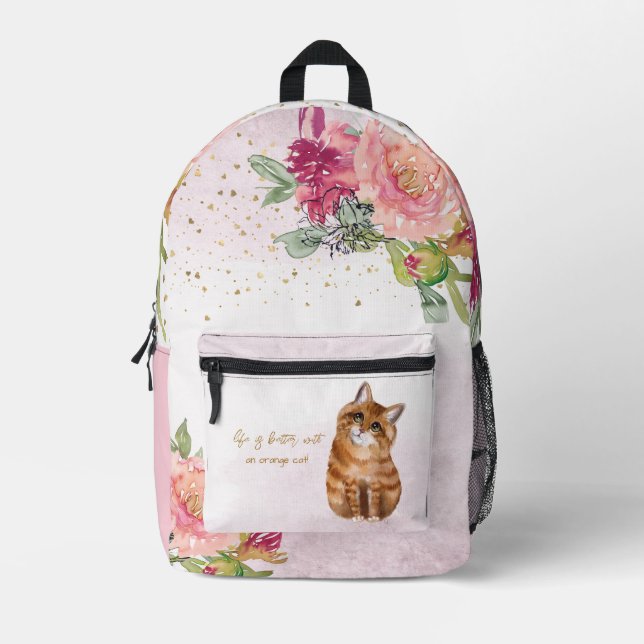 Mochila Impresa Ilustracion De Gato naranja Y Chica Floral (Anverso)