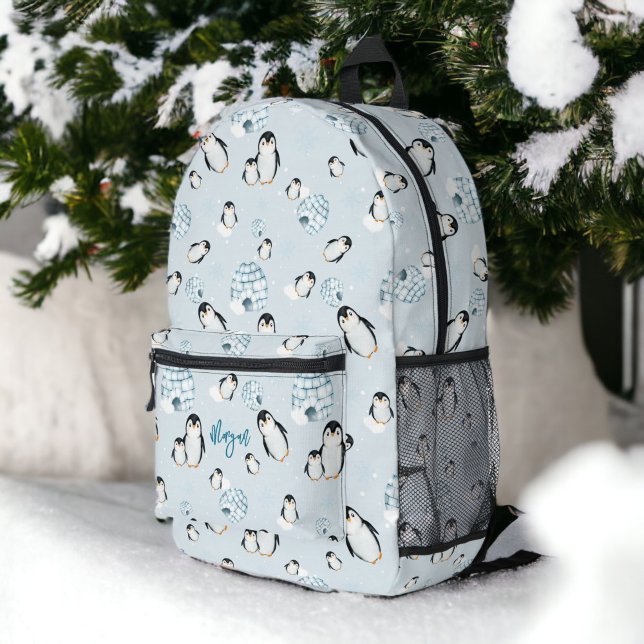 Mochila Impresa Ilustracion de nieve de pingüino de invierno (Cute winter penguin igloos snow illustration printed backpack)