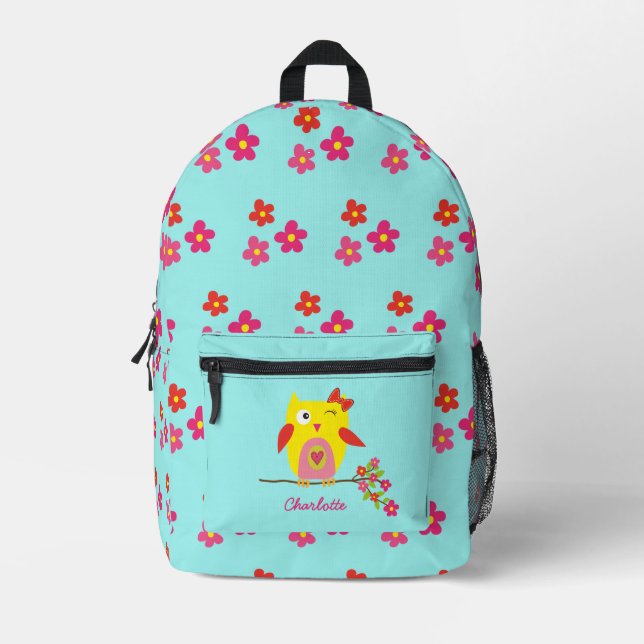 Mochila Impresa Ilustracion rosa amarillo de búho blanco personali (Anverso)