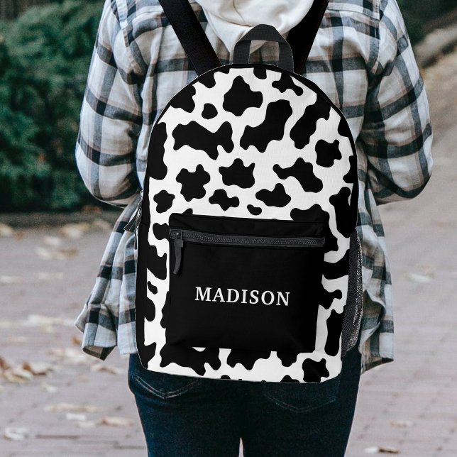 Mochila Impresa Impresión de animales de vaca con nombre blanco y  (Cow Animal Print Spotted Black & White Name Printed Backpack)