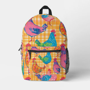 Mochila Impresa Impresión De Gingham Amarilla Con Pollos Multicolo
