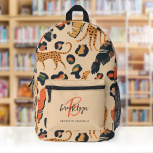 Mochila Impresa Impresión de leopardo beige con monograma de nombr
