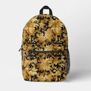 Mochila Impresa Impresión floral de oro de lujo sobre fondo negro