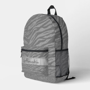 Mochila Impresa Impresión Purpurinoso de cebra plateada en gris pe