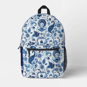 Mochila Impresa Inicial de monograma azul y blanco Paisley