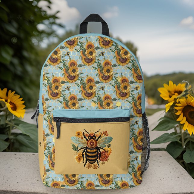 Mochila Impresa Iniciales de abejas de girasol dorado y turquesa v (Subido por el creador)