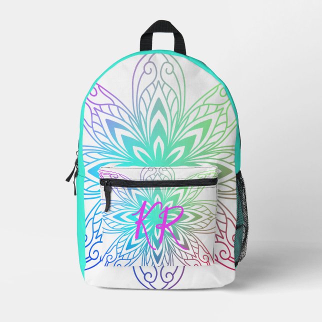 Mochila Impresa Iniciales de estilo boho turquesa y lavanda Mandal (Anverso)