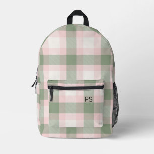 Mochila Impresa Iniciales de monograma de cheque verde rosado Girl