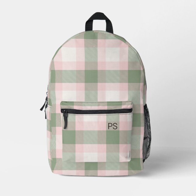 Mochila Impresa Iniciales de monograma de cheque verde rosado Girl (Anverso)