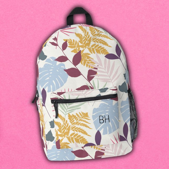 Mochila Impresa Iniciales de monograma de hojas tropicales de colo (Subido por el creador)