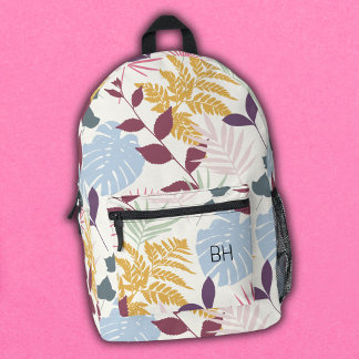 Mochila Impresa Iniciales de monograma de hojas tropicales de colo