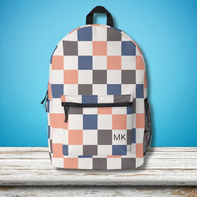Mochila Impresa Iniciales de monograma de tablero de chequeo de ju (Subido por el creador)