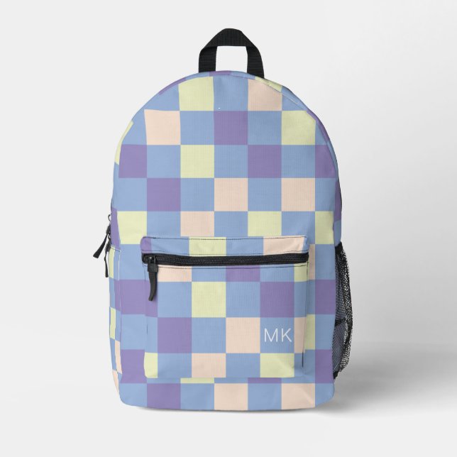 Mochila Impresa Iniciales de monograma de tablero de cheques azul  (Anverso)