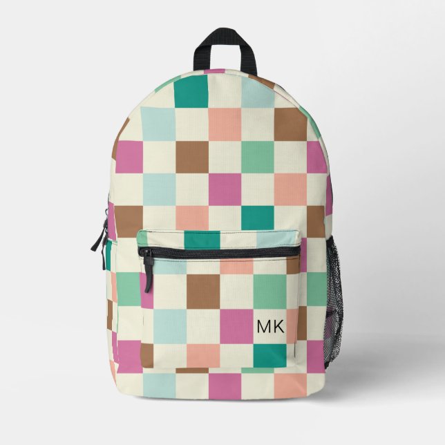 Mochila Impresa Iniciales de monograma de tablero de cheques de po (Anverso)