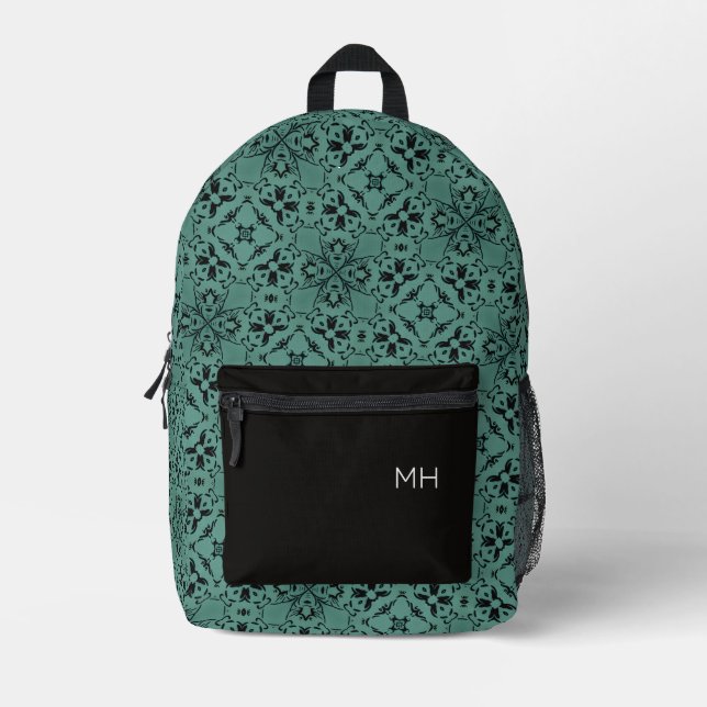 Mochila Impresa Iniciales de monograma del patrón de manala verde  (Anverso)