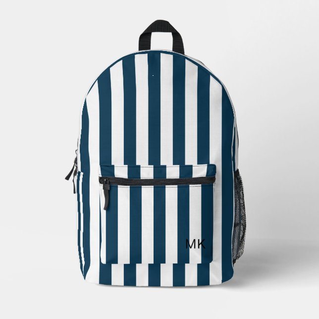 Mochila Impresa Iniciales de monograma Neutral con franjas azules  (Anverso)