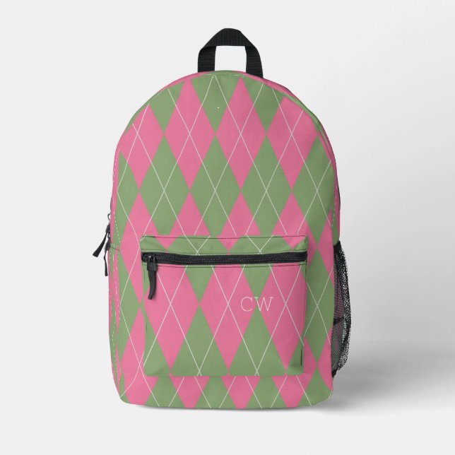 Mochila Impresa Iniciales de monograma verde rosado de moda Preppy (Anverso)
