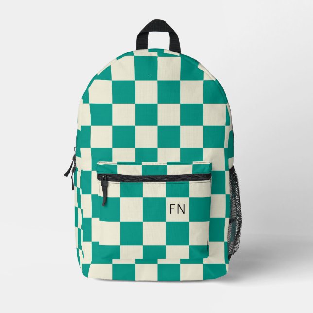 Mochila Impresa Iniciales de monograma y tablero de cheques Verde  (Anverso)