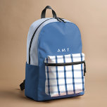 Mochila Impresa Iniciales de nombres personalizados de Blue Gingha<br><div class="desc">Mochila impresa de rayas de trenzas de gingham azul pintadas con colores llamativos y personalización opcional.</div>