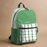 Mochila Impresa Iniciales de nombres personalizados de Green Gingh<br><div class="desc">Mochila impresa de rayas de rayas de chapa de gingham verde pintada con personalización opcional.</div>