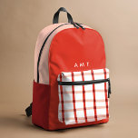 Mochila Impresa Iniciales de nombres personalizados de Red Gingham<br><div class="desc">Mochila impresa de rayas de trenzas de gingham pintadas de forma lúgubre en rojo y rosa con personalización opcional.</div>