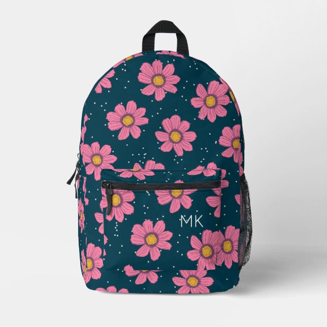 Mochila Impresa Iniciales monogramas del patrón de flores rosas az (Anverso)
