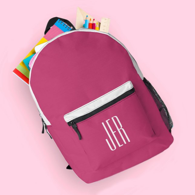 Mochila Impresa Iniciales monogramas modernos personalizados Blanc (Personalized Modern Monogram Initials Pink White Printed Backpack)