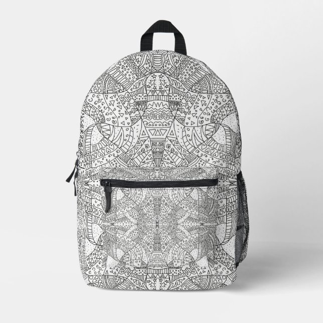 Mochila Impresa Intricate Symmetrical Doodle Mandala Black & White (Anverso)