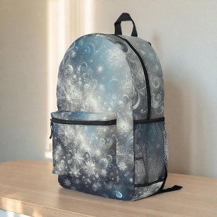 Mochila Impresa Invierno de copos de nieve plateados y azules