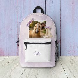 Mochila Impresa Invitación de cumpleaños de caballo floral morado 