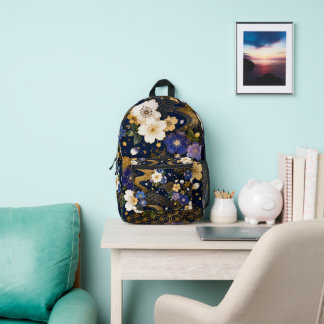Mochila Impresa Japanese Sakura Floral Navy Gold Backpack