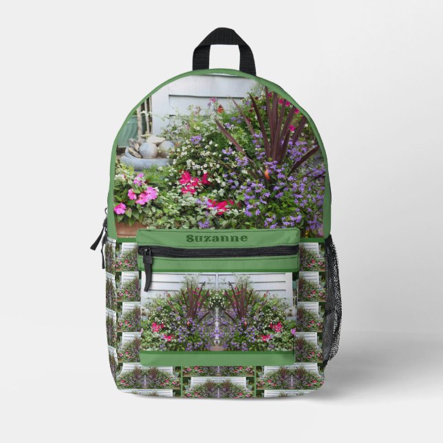 Mochila Impresa Jardín de flores del patio trasero personalizado (Anverso)